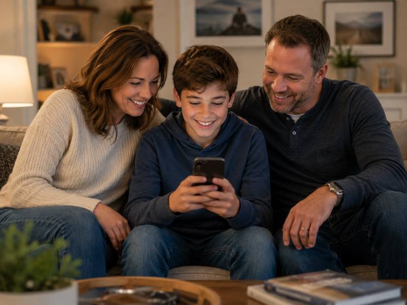 Parents sitting with their child while he uses a phone